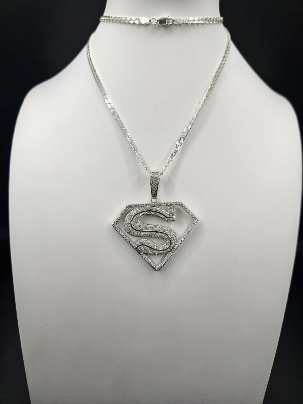 925 Sterling Silver Moissanite Superman Shield Pendant Necklace 24